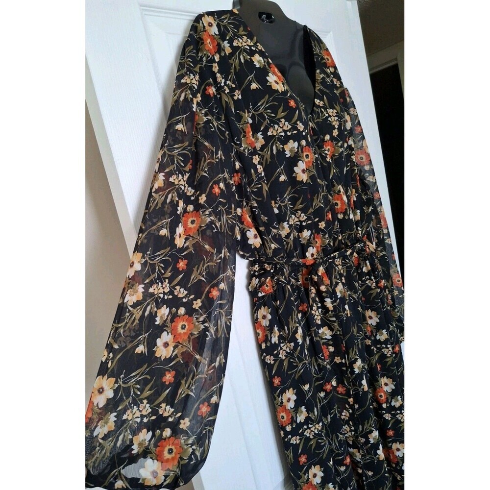 Nine Britton Stitch Fix Maxi Dress Size XXL Black Floral Print Belted Chiffon - Picture 4 of 9